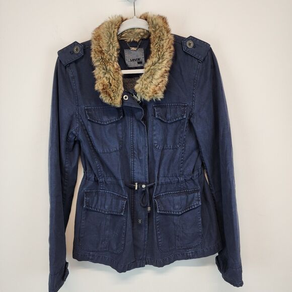 Vintage Y2K Levis Faux Fur Collar Field Jacket Size M Blue Patch Pocket Military - Picture 15 of 16